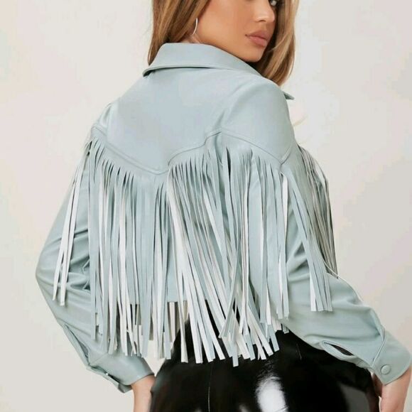 Drop Shoulder Fringe Trim PU Leather Crop Jacket - Picture 2 of 7